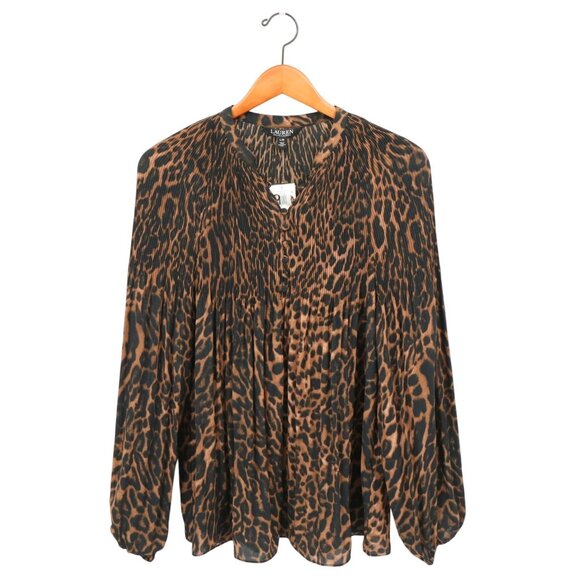 NWT Lauren Ralph Lauren Animal Ocelot Print Pleated Georgette Blouse Top L - Picture 3 of 7